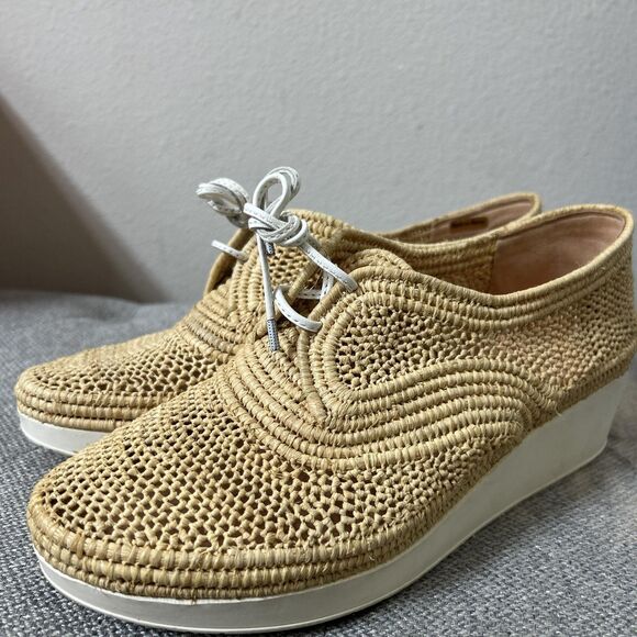 Robert Clergerie Shoes Womens Size 38 Raffia Woven Wedge Oxford Lace Up Tan - Picture 1 of 8